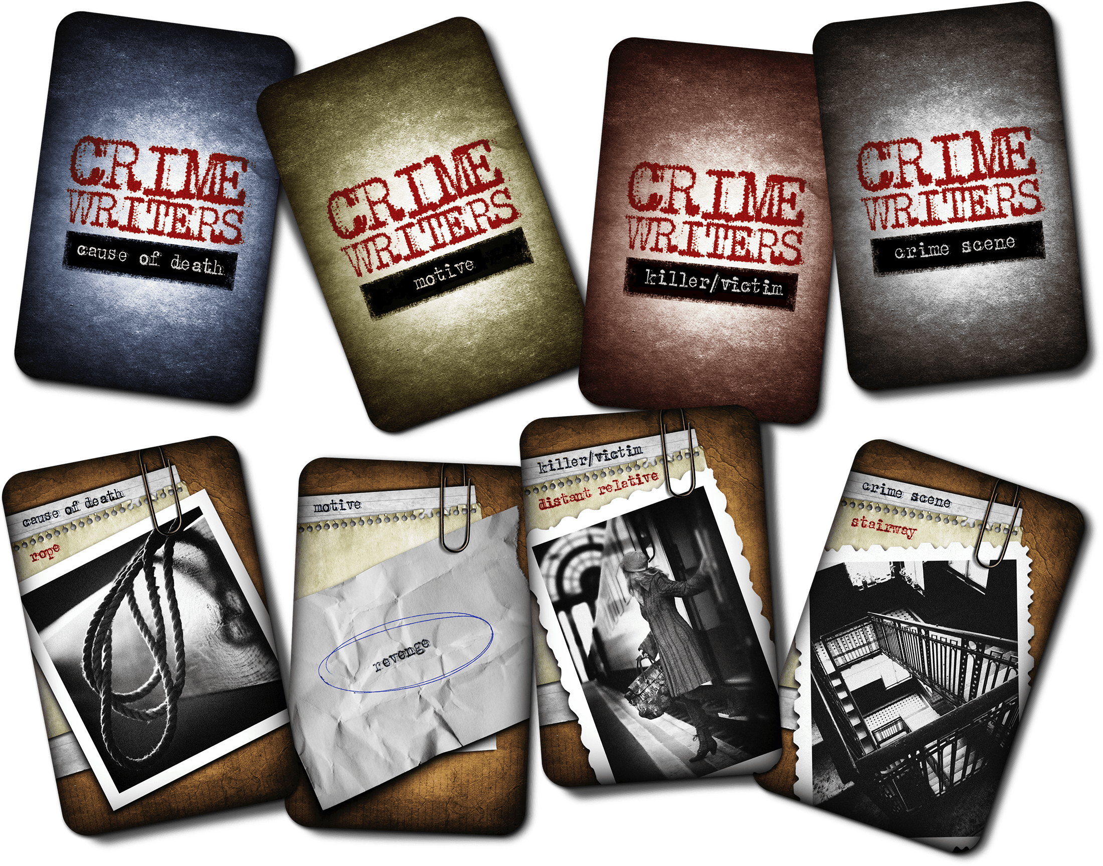 card types | 20 cause of death cards | 16 motive cards | 20 crime scene cards | 30 killer or victim cards